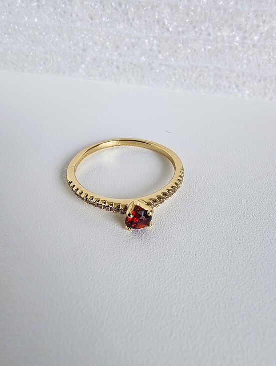 Jewelry - Gold Plated Garnet Red Solitaire Ring CZ Pave Band Dainty Stackable Size 7